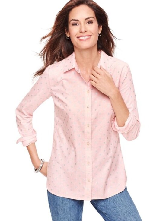 Talbots Tops - Talbots Women's Baby Pink Shimmer Foil Polka Dots Classic Button Down Shirt M